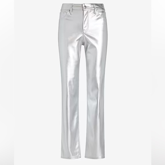 Express Silver High Waisted Metallic Faux Leather Modern Straight Pant NEW - Picture 4 of 7